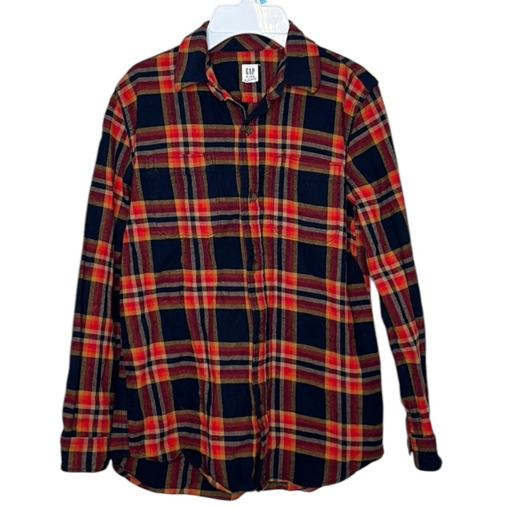 Gap Kids Red Navy Plaid Flannel Button Down Shirt Boys Size XL